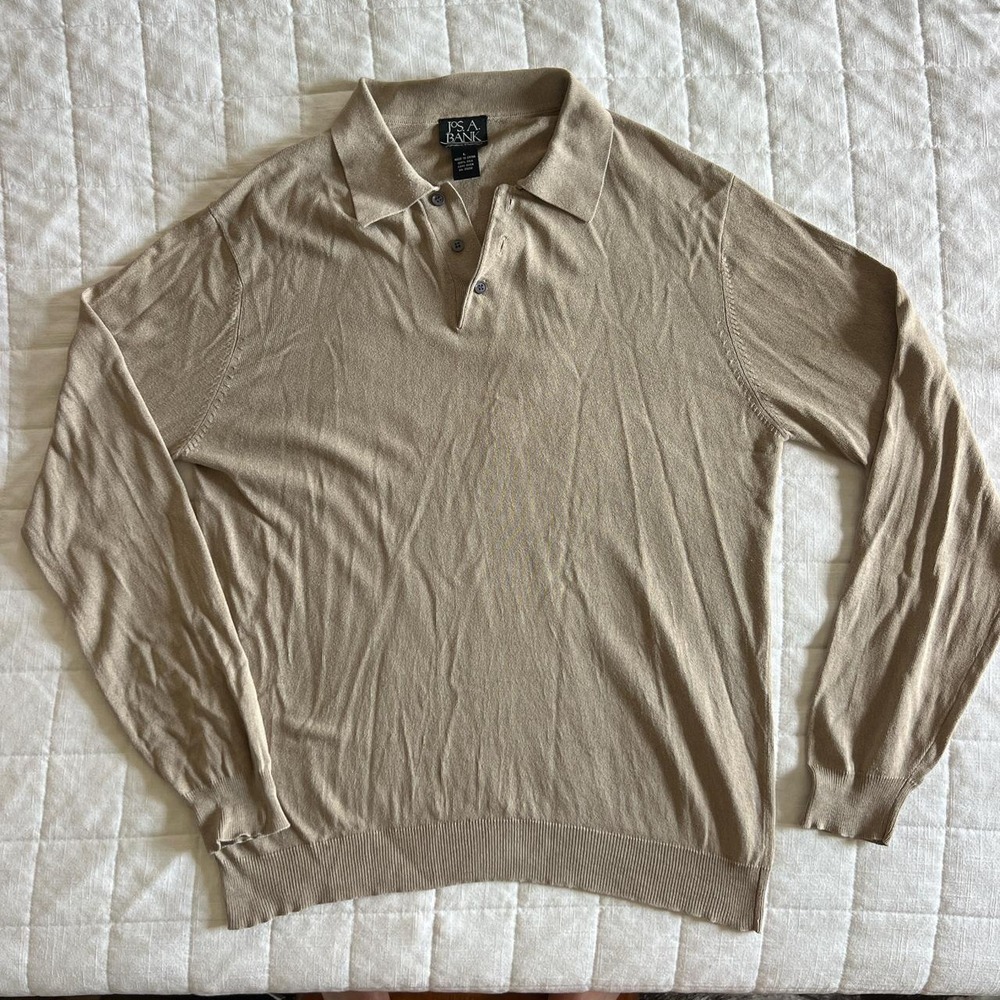 Jos. A. Bank Signature Collection 100% Silk Long Sleeve Polo Sweater Tan Large